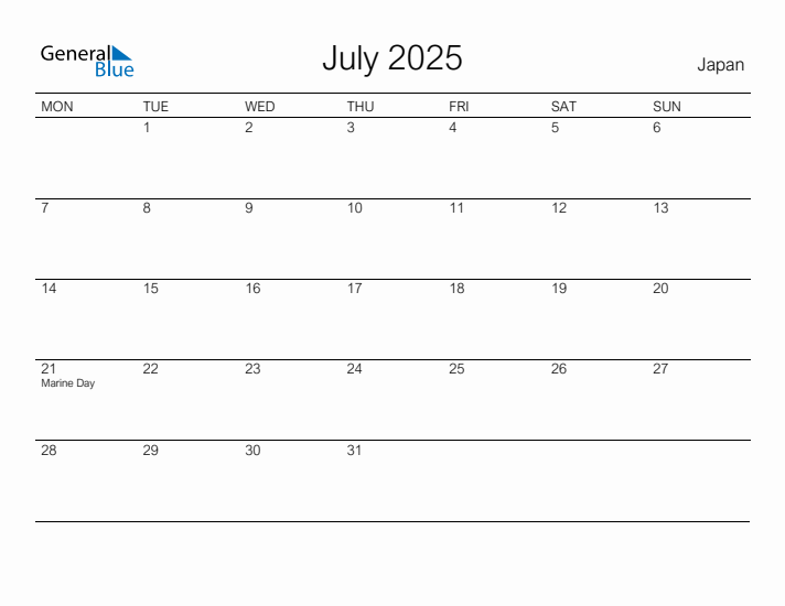 Printable July 2025 Calendar for Japan