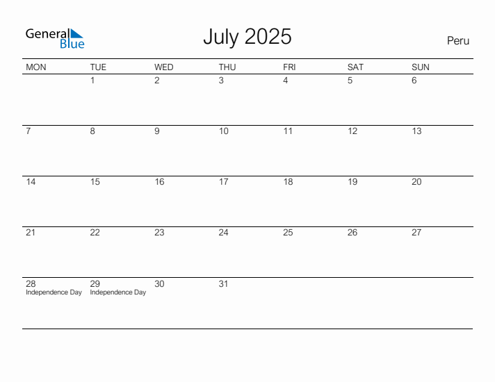 Printable July 2025 Calendar for Peru