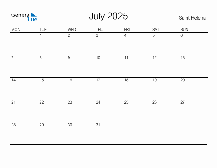 Printable July 2025 Calendar for Saint Helena