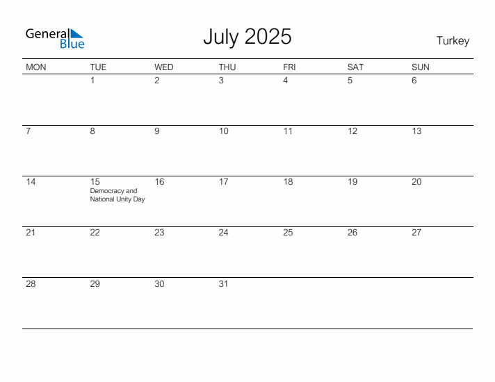 Printable July 2025 Calendar for Turkey