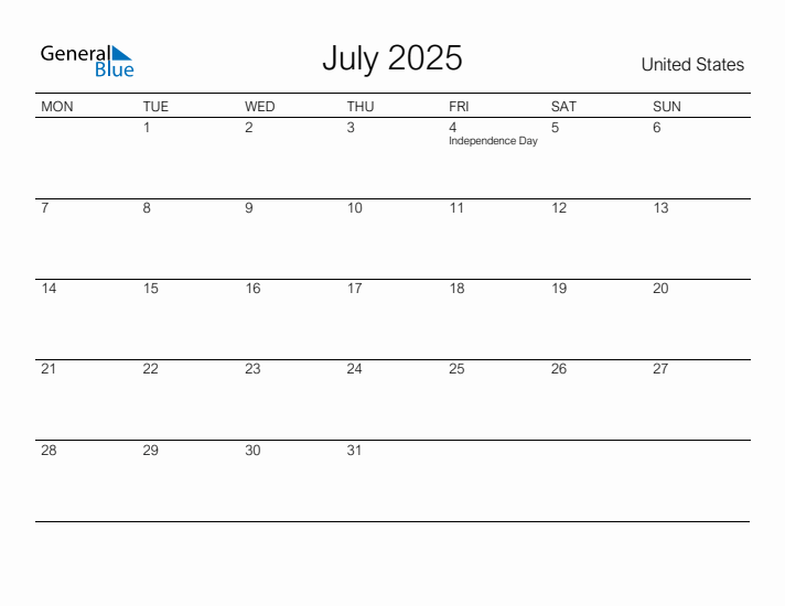 Printable July 2025 Calendar for United States