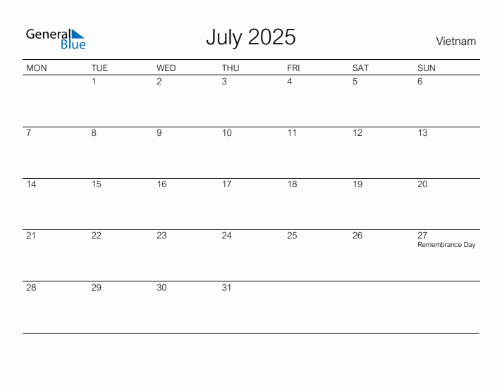 Printable July 2025 Calendar for Vietnam