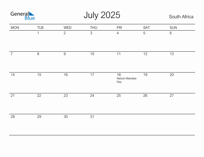 Printable July 2025 Calendar for South Africa