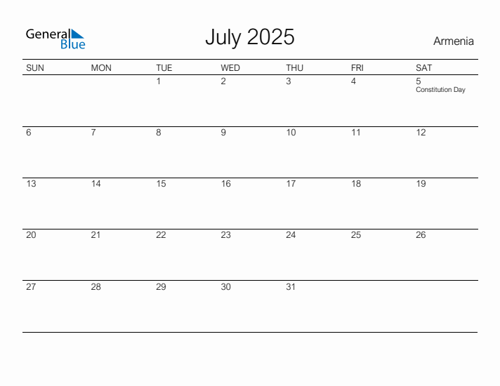 Printable July 2025 Calendar for Armenia