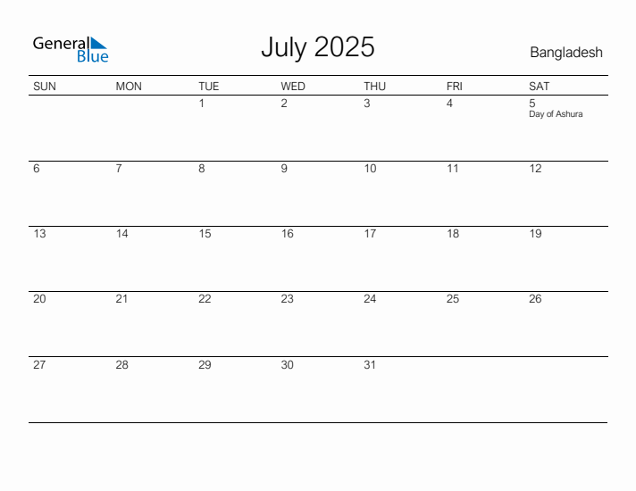 Printable July 2025 Calendar for Bangladesh