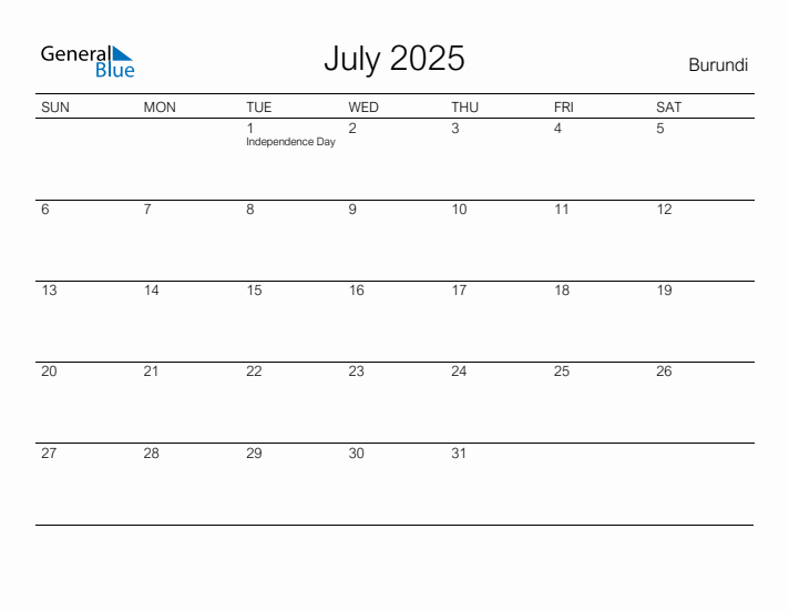 Printable July 2025 Calendar for Burundi