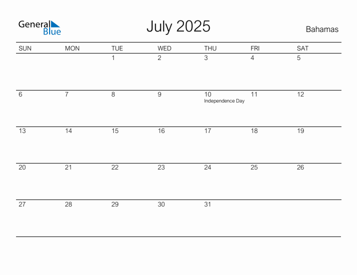 Printable July 2025 Calendar for Bahamas