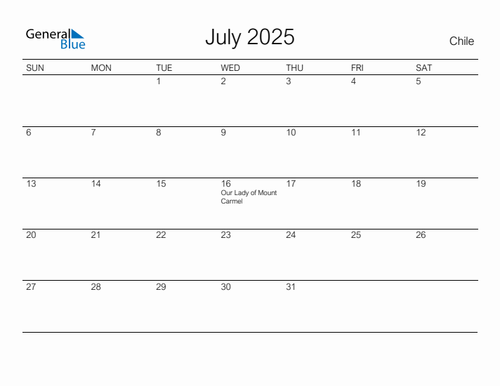 Printable July 2025 Calendar for Chile