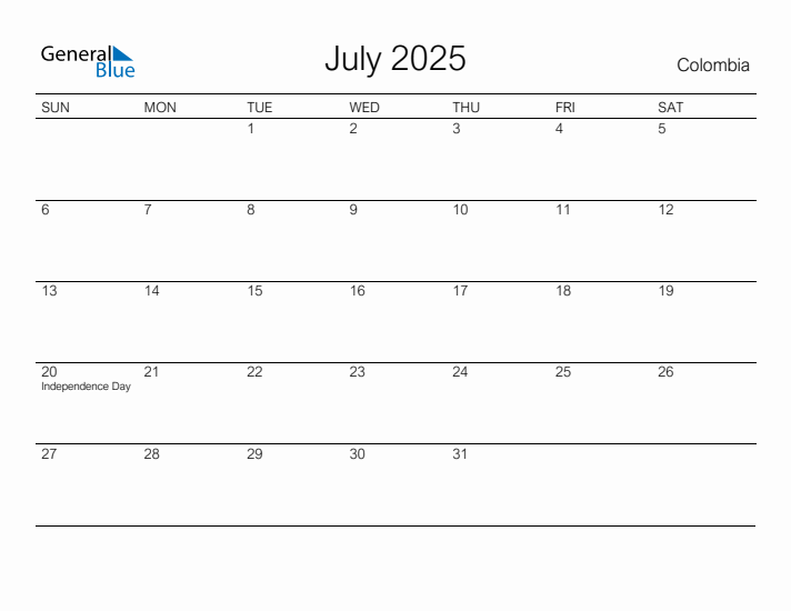 Printable July 2025 Calendar for Colombia