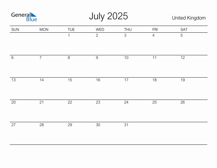 Printable July 2025 Calendar for United Kingdom