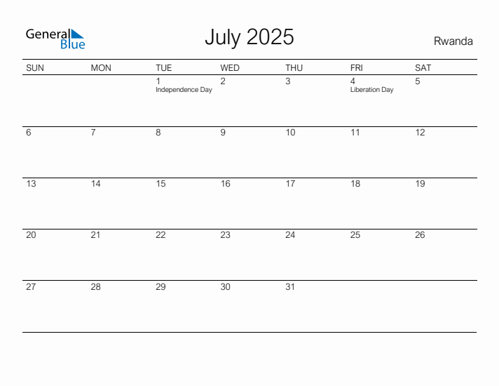 Printable July 2025 Calendar for Rwanda