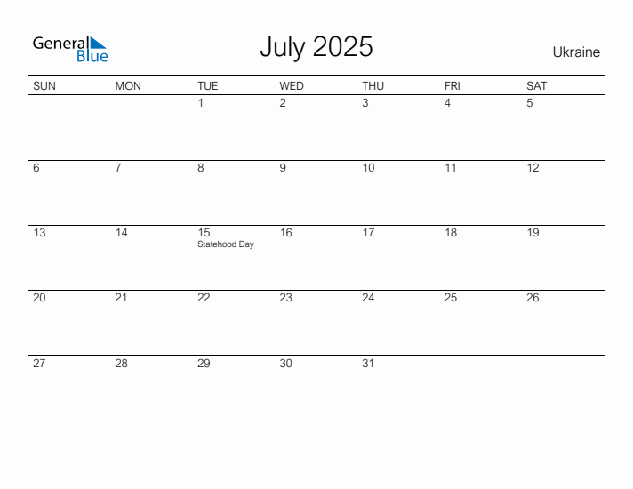 Printable July 2025 Calendar for Ukraine