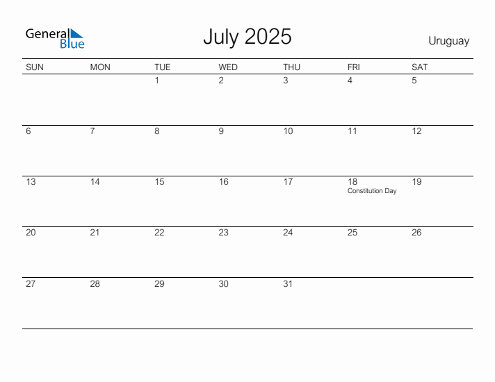 Printable July 2025 Calendar for Uruguay