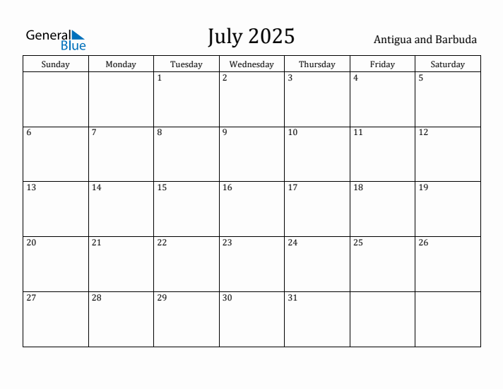 July 2025 Calendar Antigua and Barbuda