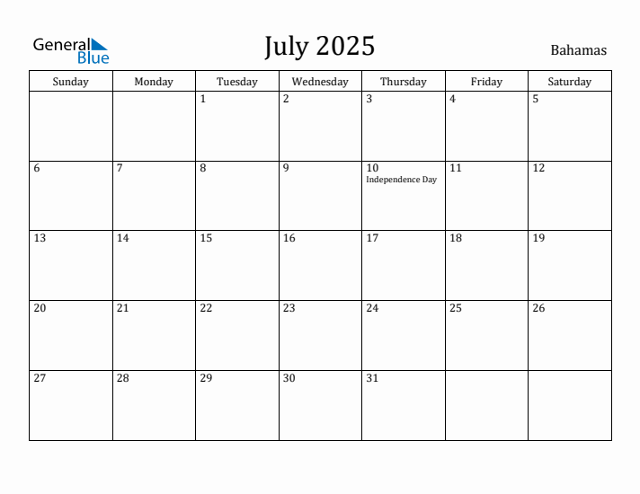 July 2025 Calendar Bahamas