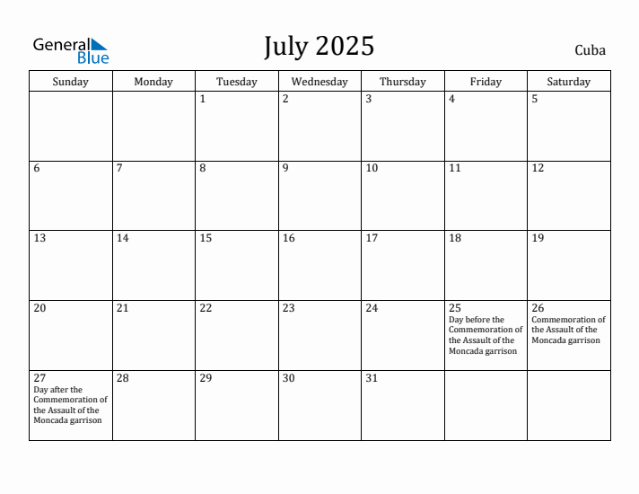 July 2025 Calendar Cuba