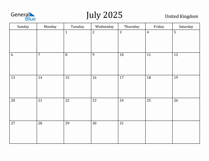 July 2025 Calendar United Kingdom