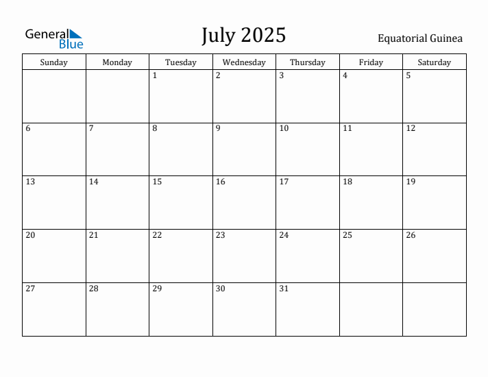 July 2025 Calendar Equatorial Guinea