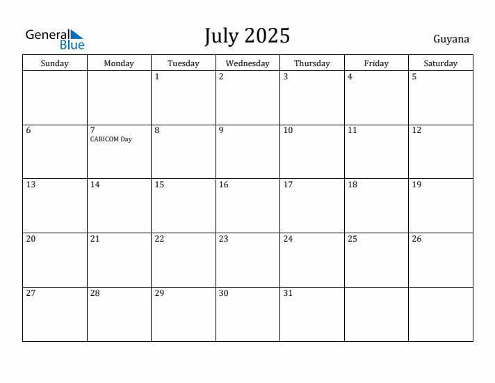 July 2025 Calendar Guyana