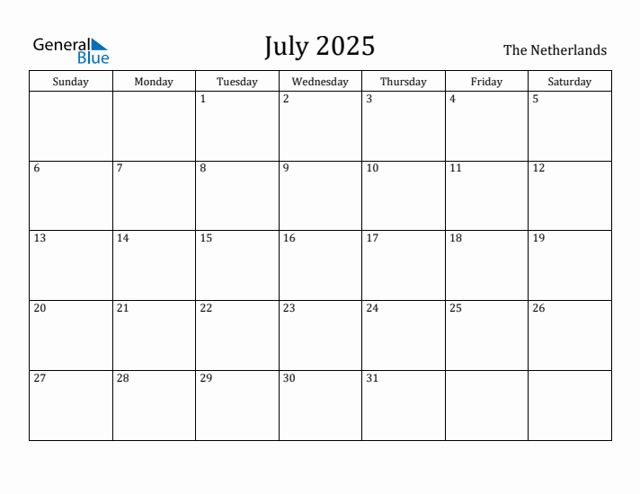 July 2025 Calendar The Netherlands