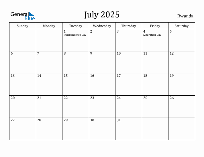 July 2025 Calendar Rwanda