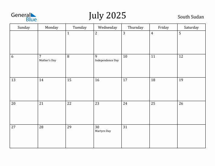 July 2025 Calendar South Sudan