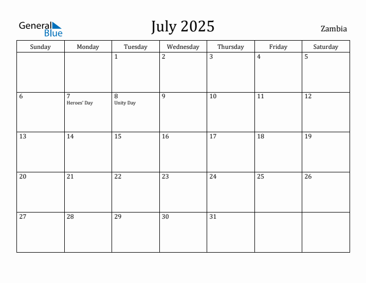 July 2025 Calendar Zambia