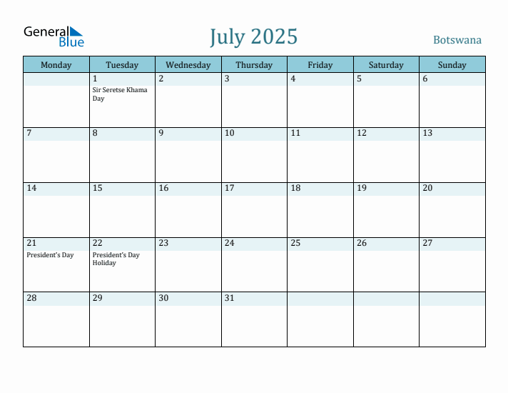 July 2025 Calendar with Holidays