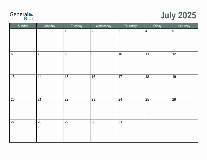 Free Printable July 2025 Calendar