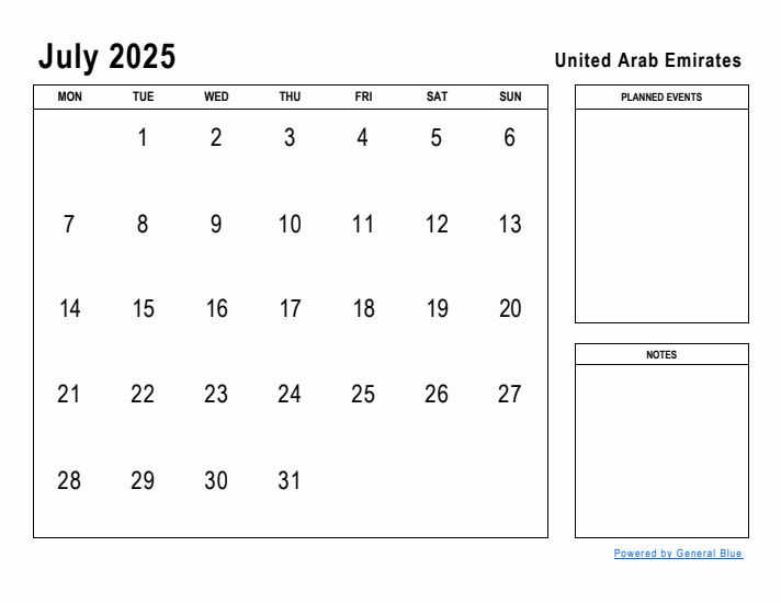 July 2025 Printable Monthly Calendar with United Arab Emirates Holidays