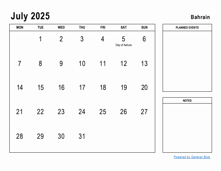 July 2025 Printable Monthly Calendar with Bahrain Holidays