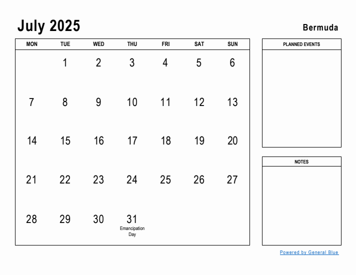 July 2025 Printable Monthly Calendar with Bermuda Holidays