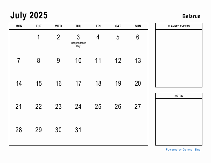 July 2025 Printable Monthly Calendar with Belarus Holidays