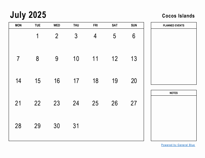 July 2025 Printable Monthly Calendar with Cocos Islands Holidays