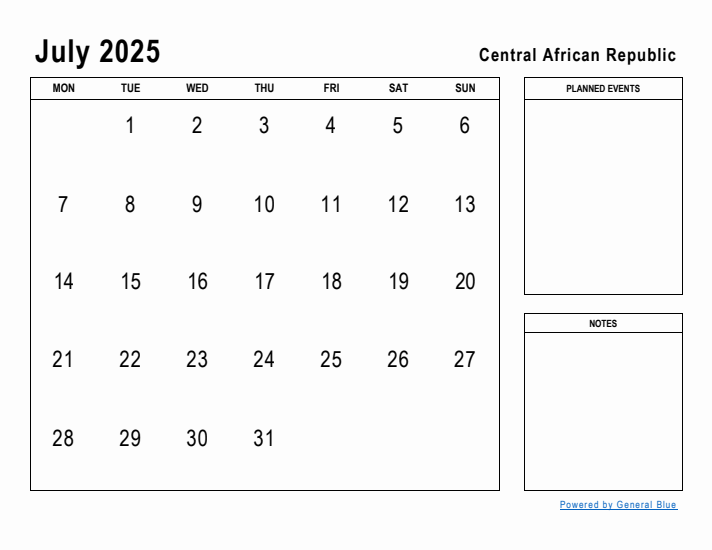 July 2025 Printable Monthly Calendar with Central African Republic Holidays