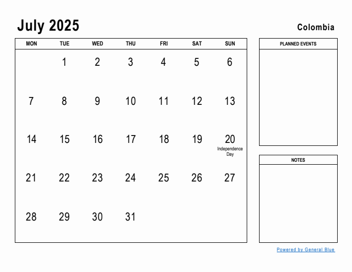 July 2025 Printable Monthly Calendar with Colombia Holidays