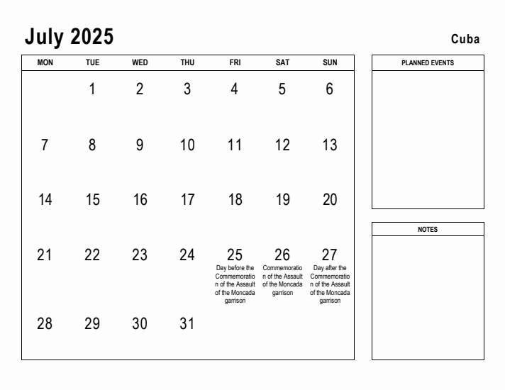 July 2025 Printable Monthly Calendar with Cuba Holidays