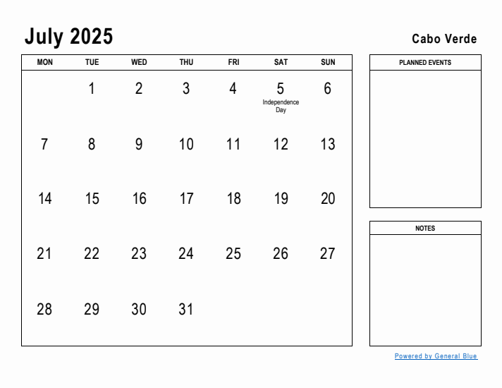 July 2025 Printable Monthly Calendar with Cabo Verde Holidays