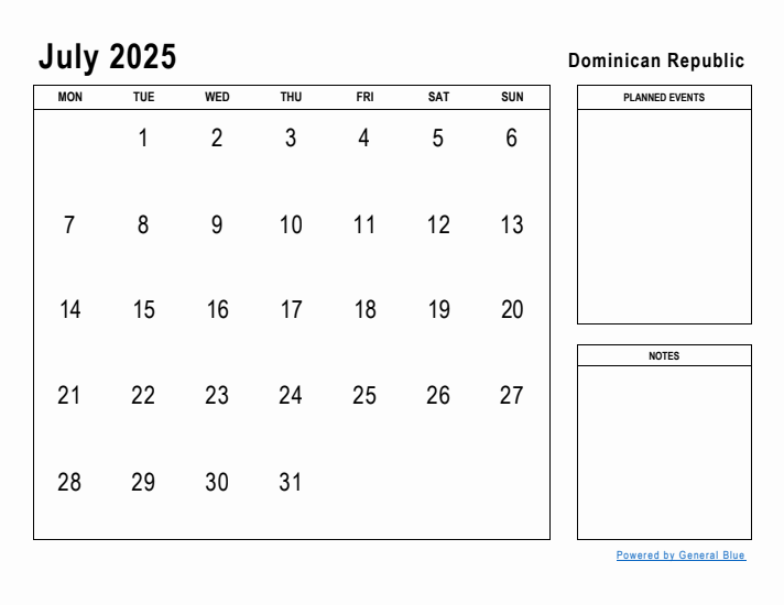 July 2025 Printable Monthly Calendar with Dominican Republic Holidays