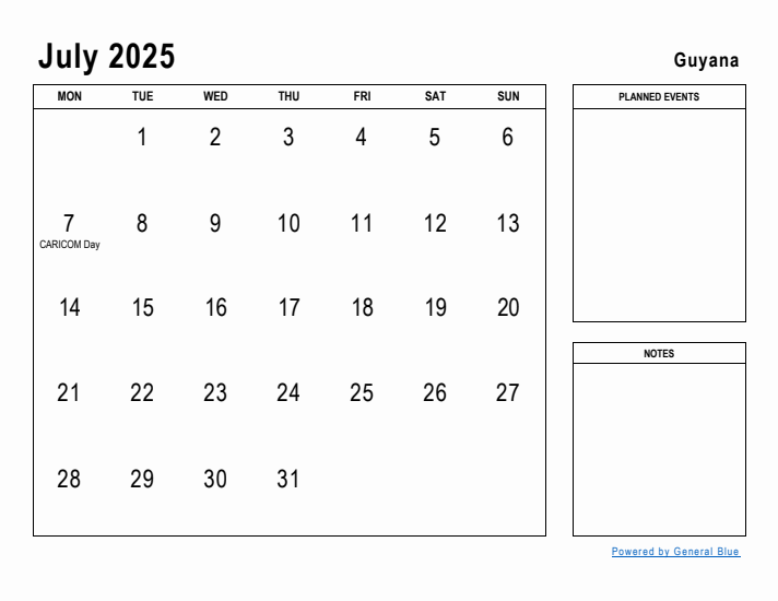 July 2025 Printable Monthly Calendar with Guyana Holidays