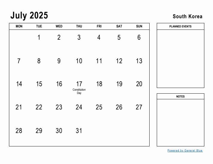 July 2025 Printable Monthly Calendar with South Korea Holidays