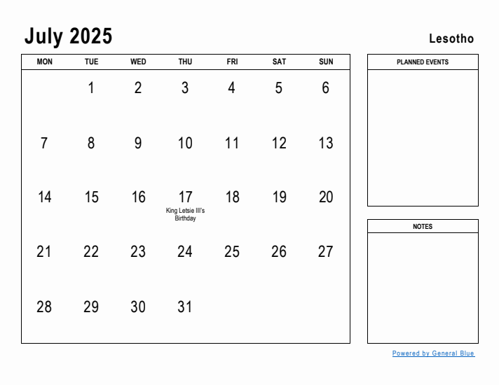 July 2025 Printable Monthly Calendar with Lesotho Holidays