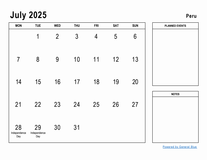 July 2025 Printable Monthly Calendar with Peru Holidays