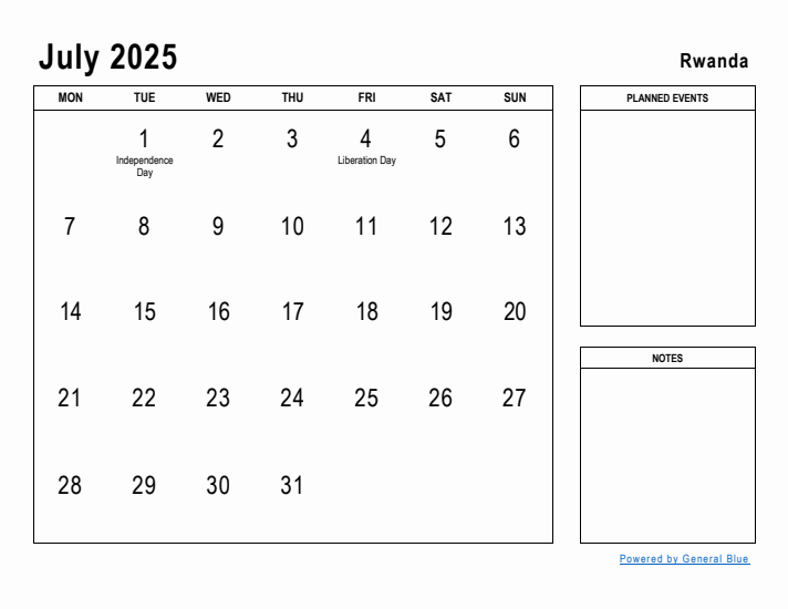 July 2025 Printable Monthly Calendar with Rwanda Holidays