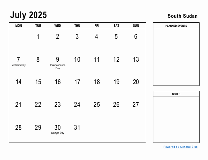 July 2025 Printable Monthly Calendar with South Sudan Holidays