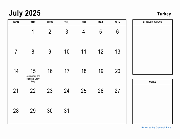 July 2025 Printable Monthly Calendar with Turkey Holidays