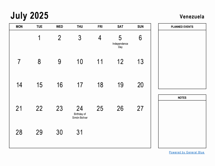 July 2025 Printable Monthly Calendar with Venezuela Holidays