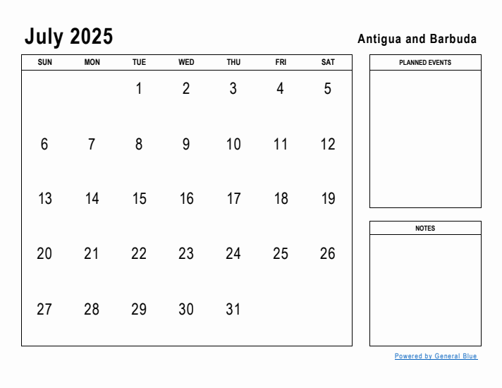 July 2025 Printable Monthly Calendar with Antigua and Barbuda Holidays