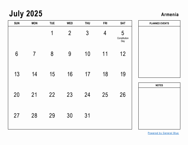 July 2025 Printable Monthly Calendar with Armenia Holidays