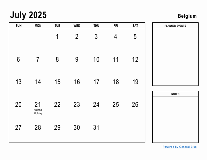 July 2025 Printable Monthly Calendar with Belgium Holidays